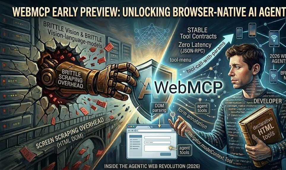 A technical infographic titled 'THE WEBMCP AUDIT: UNLOCKING AGENTIC SECRETS' showing the internal mechanics of the protocol.