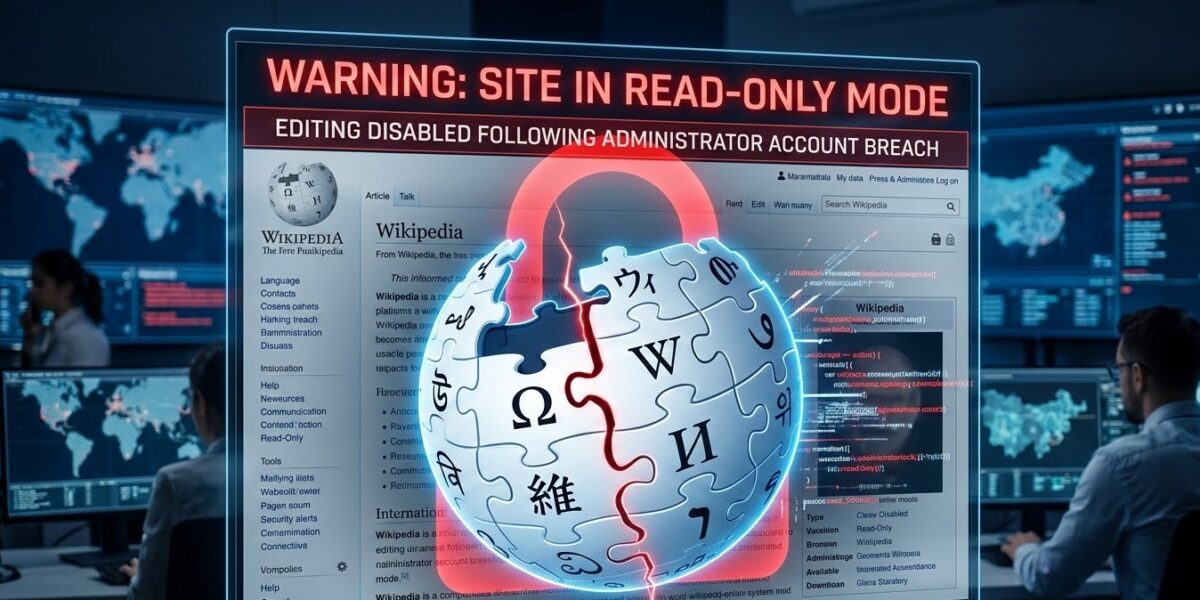 Wikipedia globe with a broken red lock in a security center.