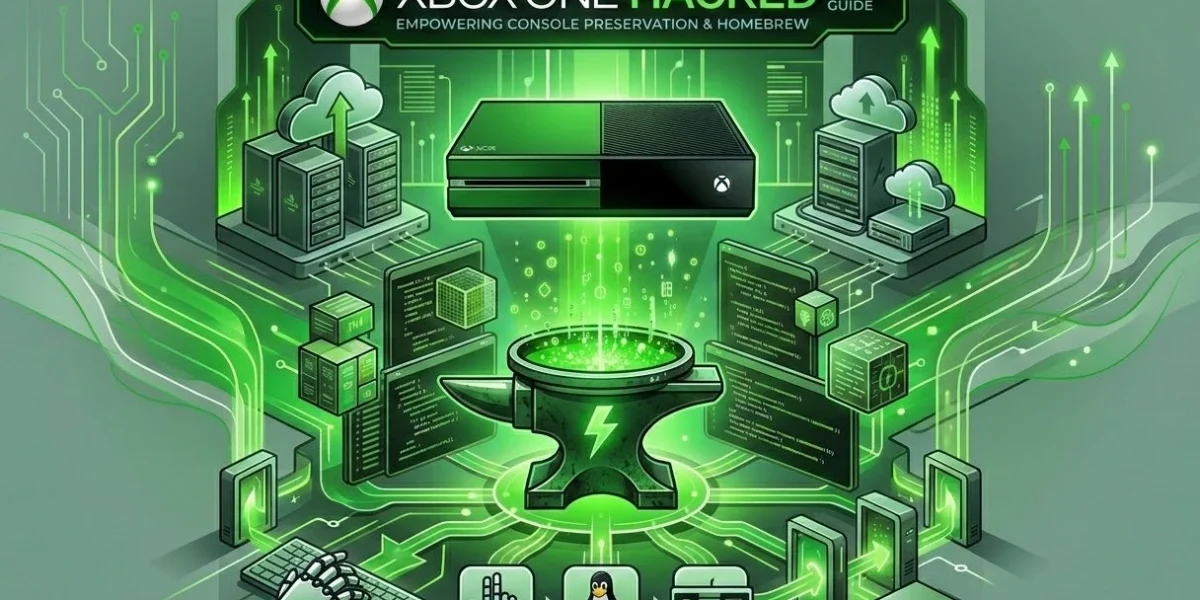 A futuristic illustration showing an Xbox One console in black and green, a digital padlock, a lightning bolt, and text: "Xbox One Hacked: The 2026 Bliss Exploit & Voltage Glitching Guide."