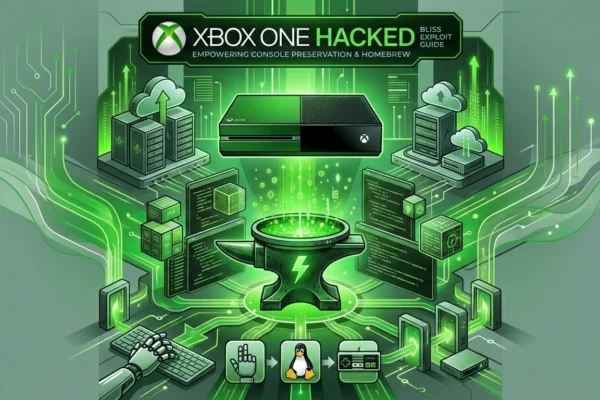 A futuristic illustration showing an Xbox One console in black and green, a digital padlock, a lightning bolt, and text: "Xbox One Hacked: The 2026 Bliss Exploit & Voltage Glitching Guide."